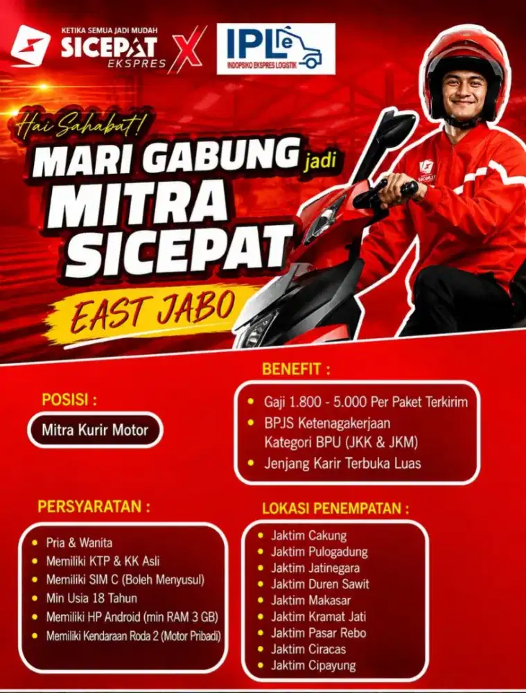 LOKER KURIR SICEPAT - ALL JAKARTA TIMUR DAN JABODETABEK