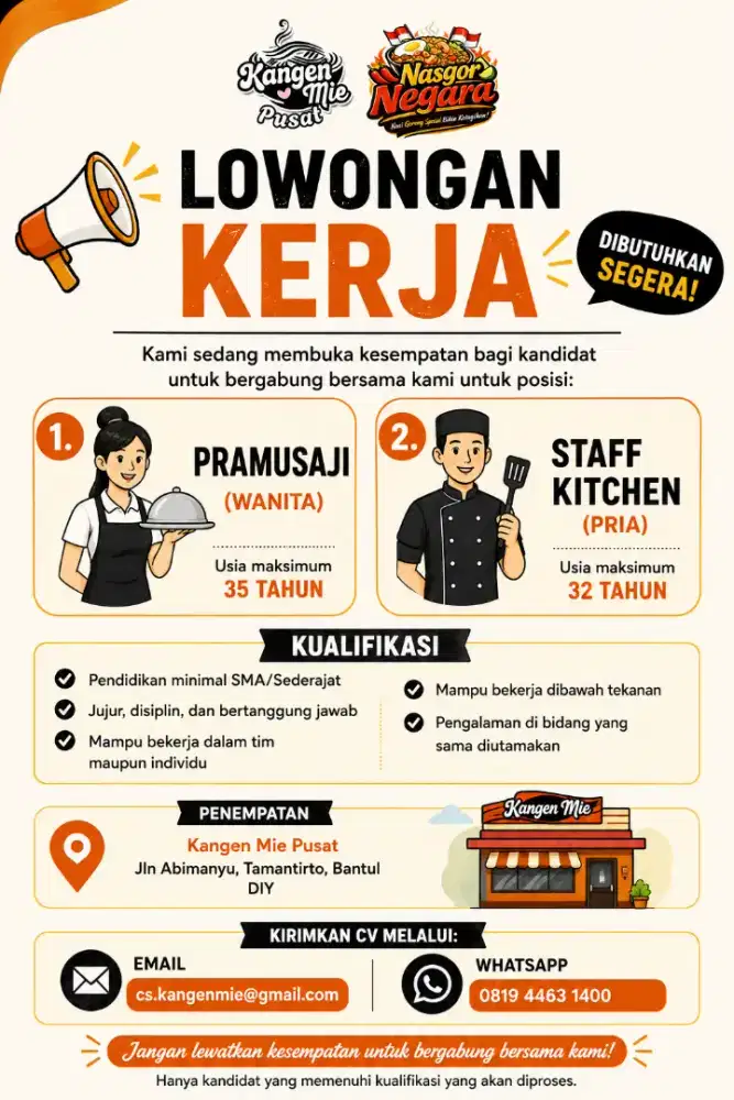 Dibutuhkan staff Kitchen/Produksi/Cook Helper