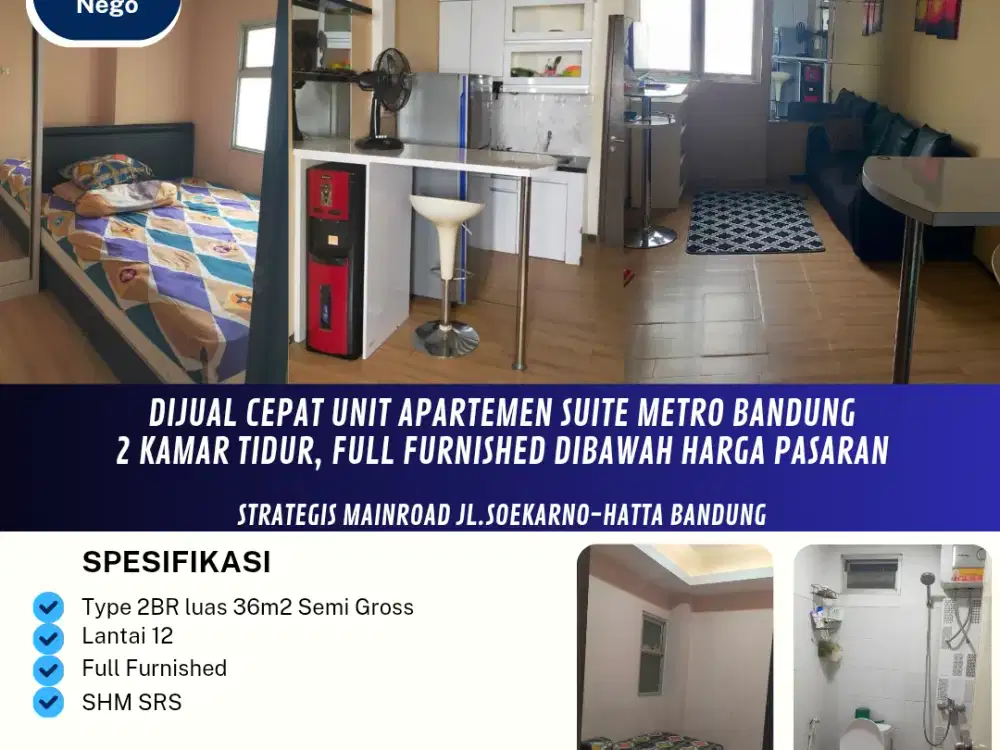 Dijual Cepat Unit Apartemen Suite Metro Bandung
2 Kamar Tidur, Full Furnished dibawah Harga Pasaran ( Hadap Timur )


Strategis Mainroad Jl.Soekarno-Hatta Bandung.