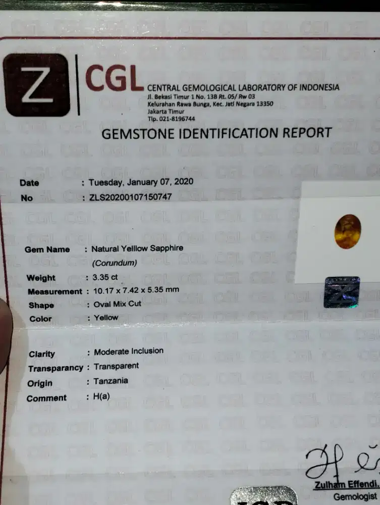Yellow Sapphire Safir 3.35 ct Top Color Top Luster CGL Lab