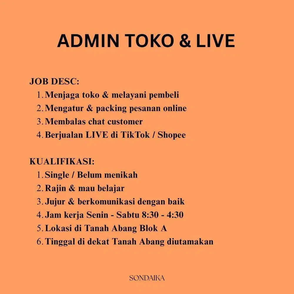 Lowongan Admin Toko dan Live Host untuk Toko Batik di Tanah Abang