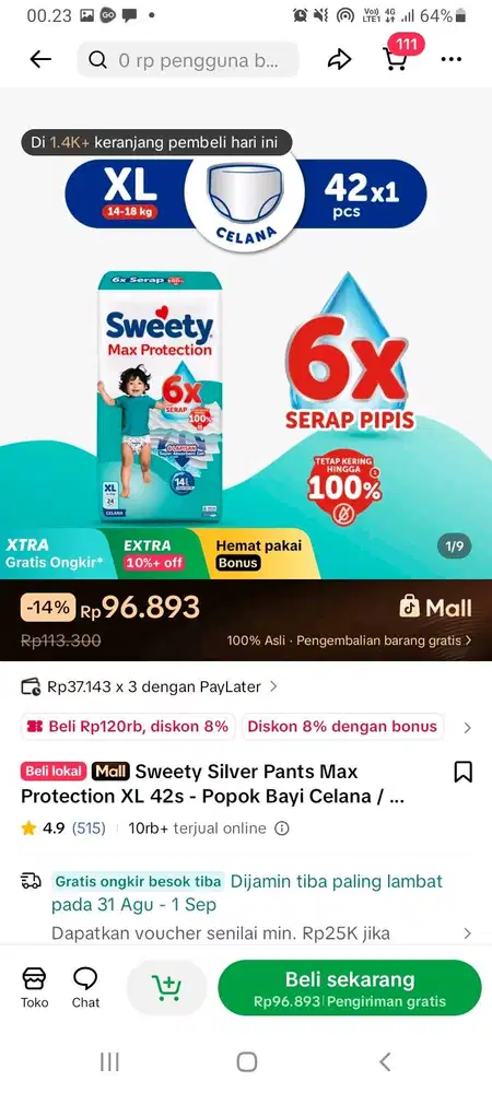 Pempers sweety ukuran XL isi 42pcs