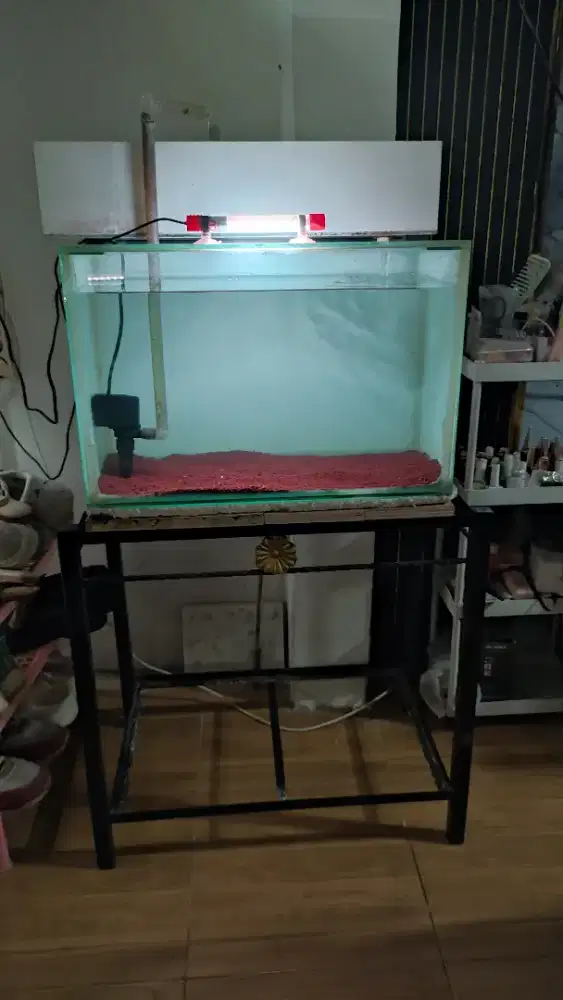 Aquarium 55x30x37 fulset tinggal colok dan rak hollo