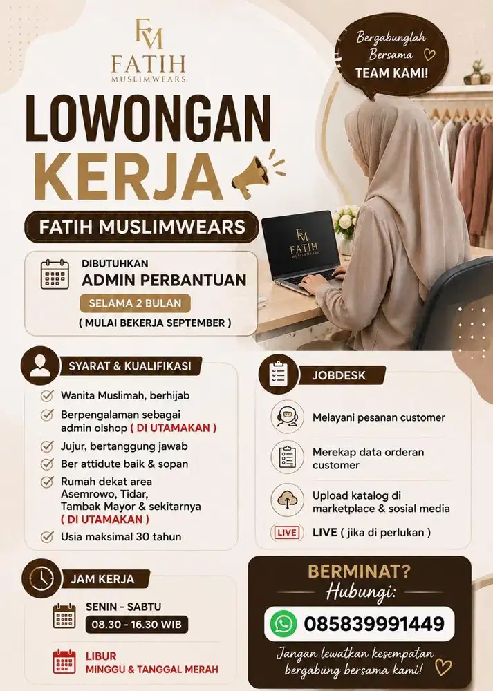 lowongan admin olshop ( pembantuan 2 bulan )