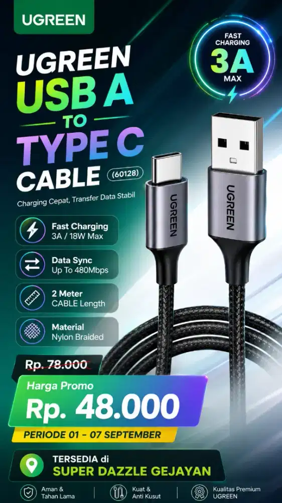 UGREEN USB A TO TYPE C CABLE 2M (60128)