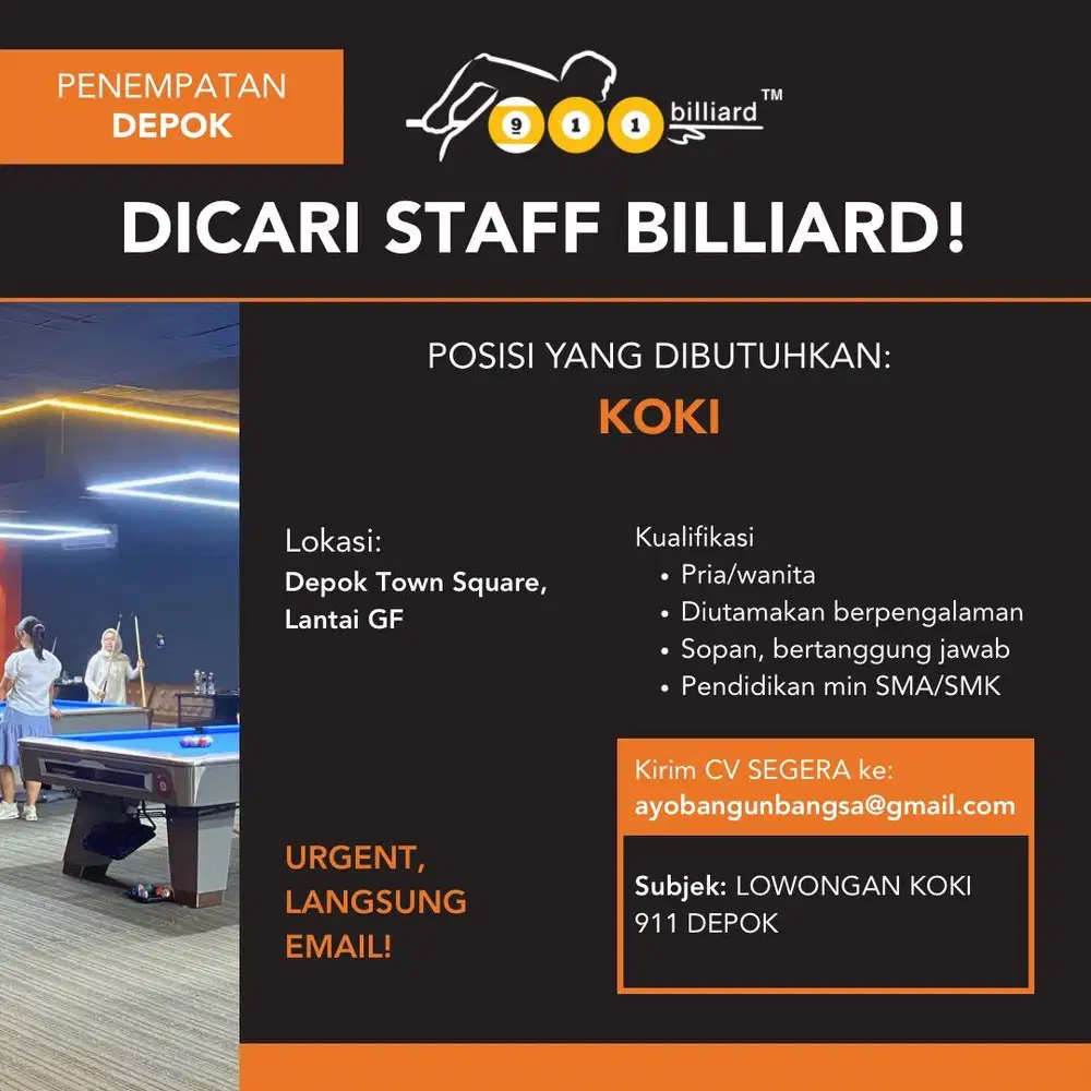 Lowongan Kerja Koki 911 Billiard Depok