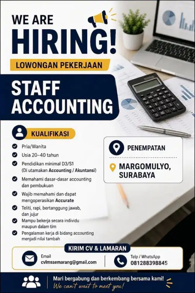 DIBUTUHKAN STAFF ACCOUNTING USIA 20-40 THN,DIUTAMAKAN YG BERPENGALAMAN