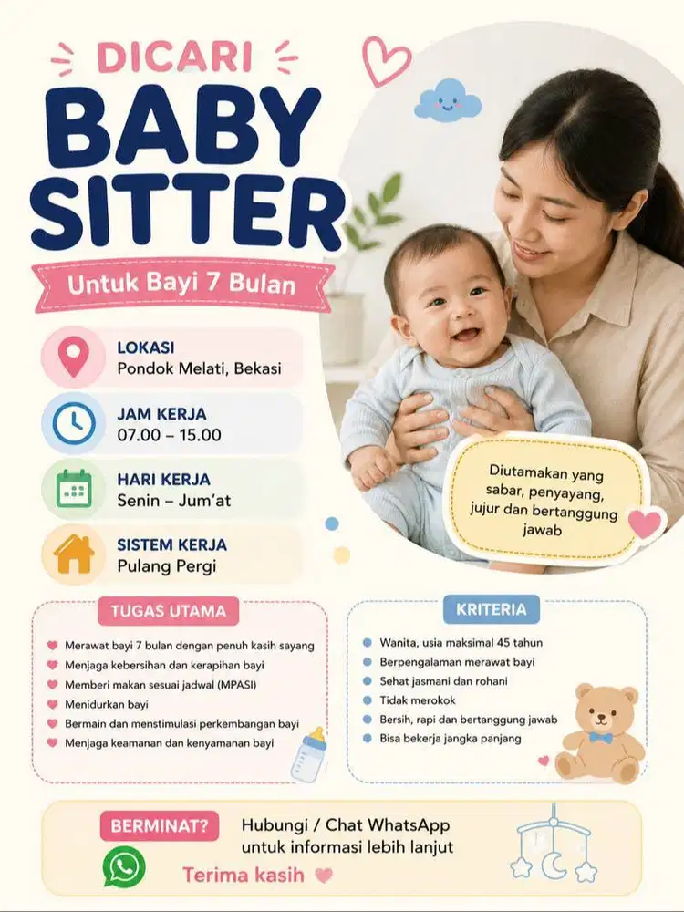 DICARI BABY SITTER untuk merawat bayi usia 7 Bulan