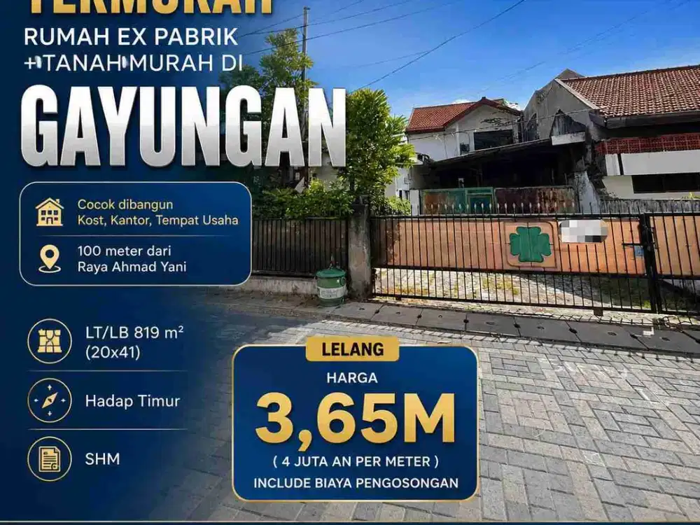 Dijual Termurah Lelang Rumah Ex Pabrik +Tanah Murah di Gayungan Surabaya