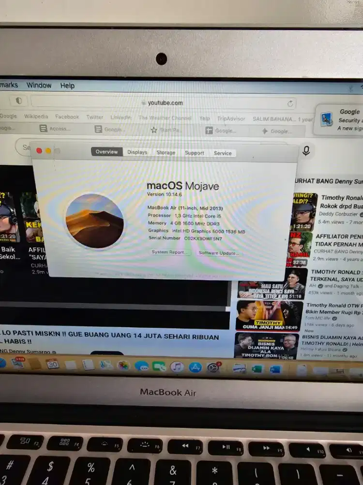 Spek macbook air 11inc 2013 SSD 128gb ram 4gb