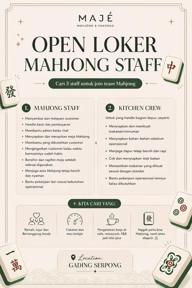 OPEN LOKER | Mahjong Staff & Kitchen Crew | Maje Mahjong |