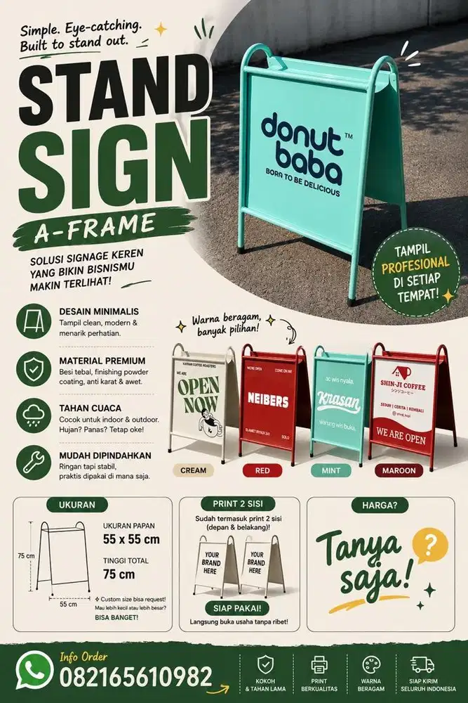Metal Sign Stand A-Frame Besi Papan Signage Cafe Premium Custom Plat