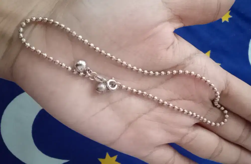 Gelang kaki perak 925 ada bel 2, rantai biji lada