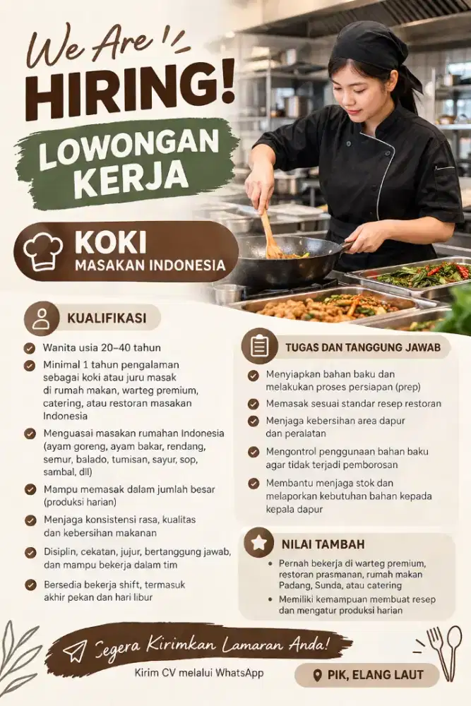 Lowongan kerja koki masakan indonesia -pik