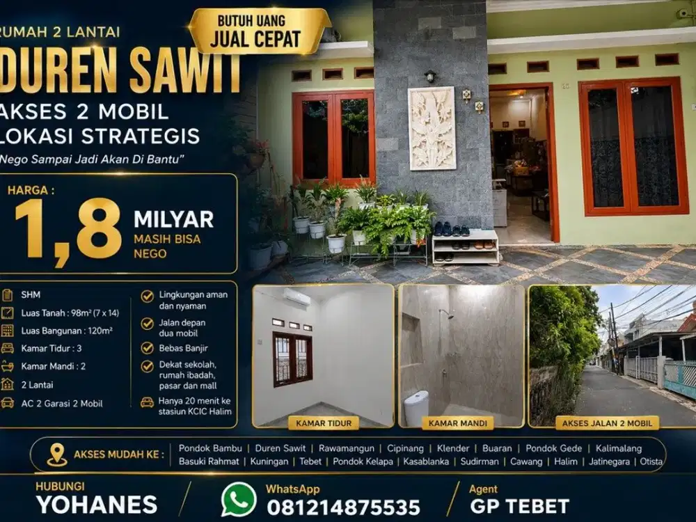 Rumah 2 Lantai Duren Sawit akses 2 mobil Lokasi Strategis