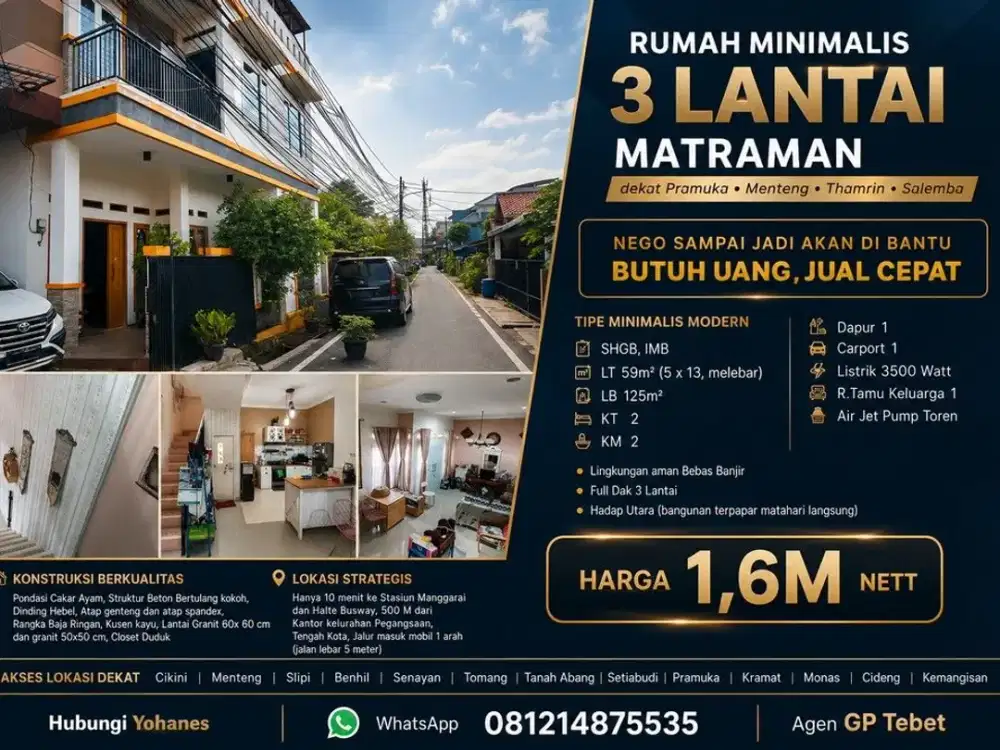 Rumah Minimalis 3 Lantai Matraman Dekat Menteng