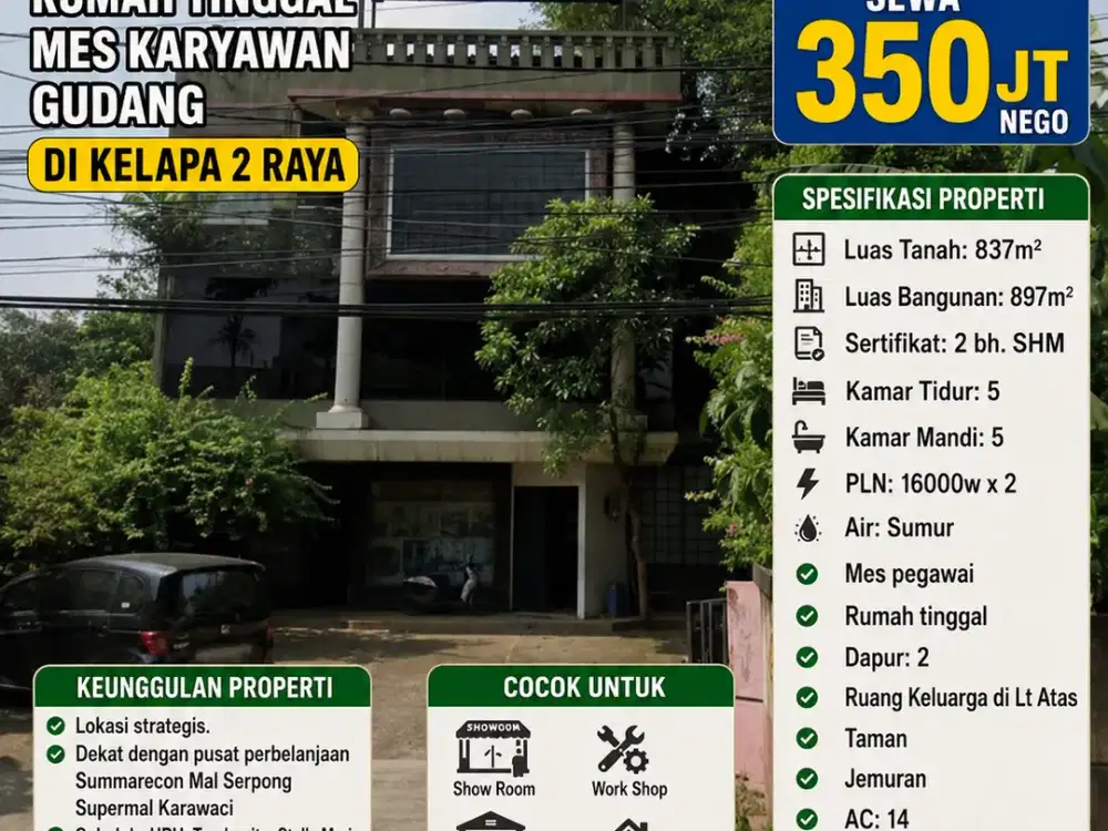 New WORKSHOP BESAR KELAPA DUA RAYA | LT 837m² | 15 M NEGO PROPERTI KOMERSIAL KELAPA DUA