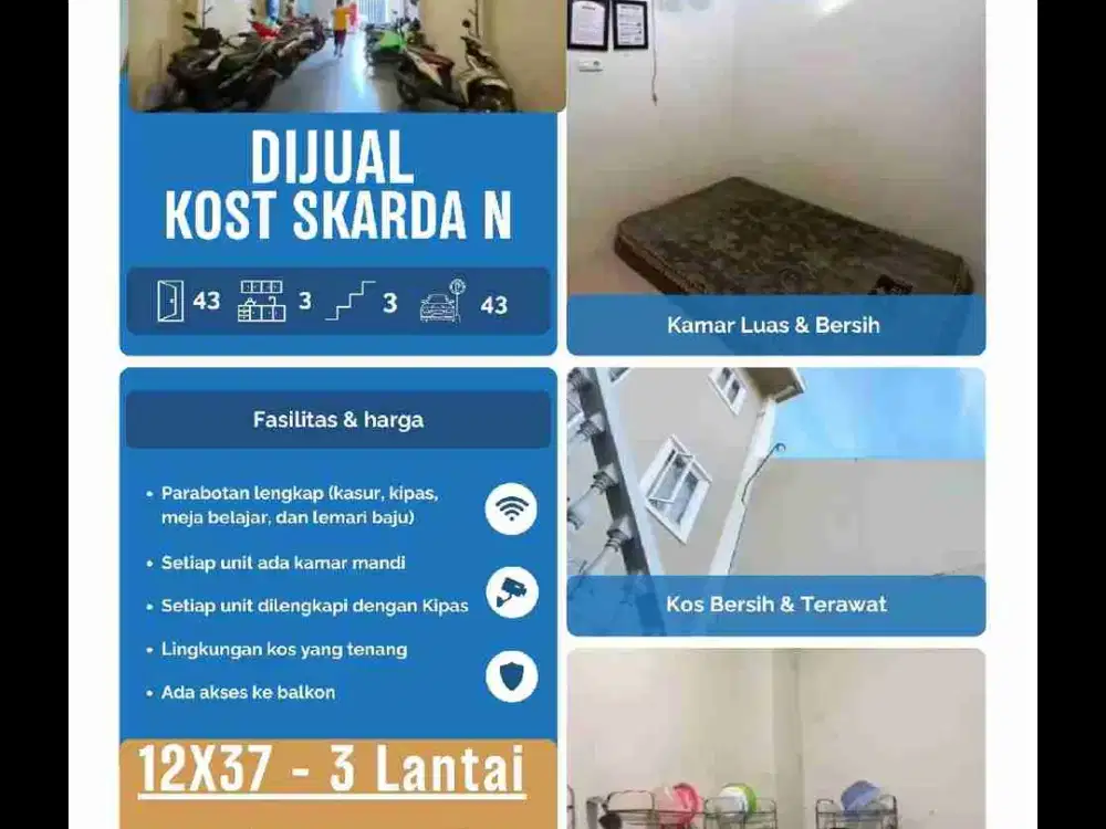 Kos + Cafe + Toko
Skarda N 
12X37, 444 M²
43 Kamar Tidur
43 Kamar Mandi
Dekat 3 Kampus
Kampus, UNM, Muhammadiyah, Stikes
Selalu Full
Fasilitas Kos
Dapur, Lemari, Kipas, Tempat Tidur, Meja Parkiran, Jemuran
Rp. 7 Milyar