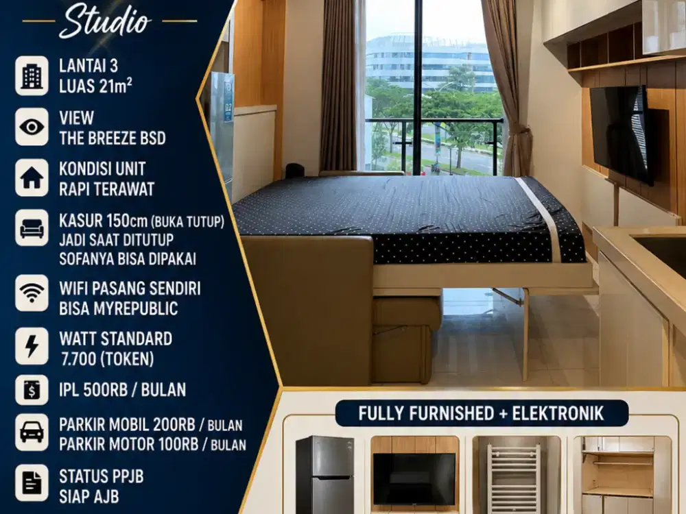 SEWA 45 JUTA  470 JUTA! Studio Sky House BSD Siap Huni, Full Furnished