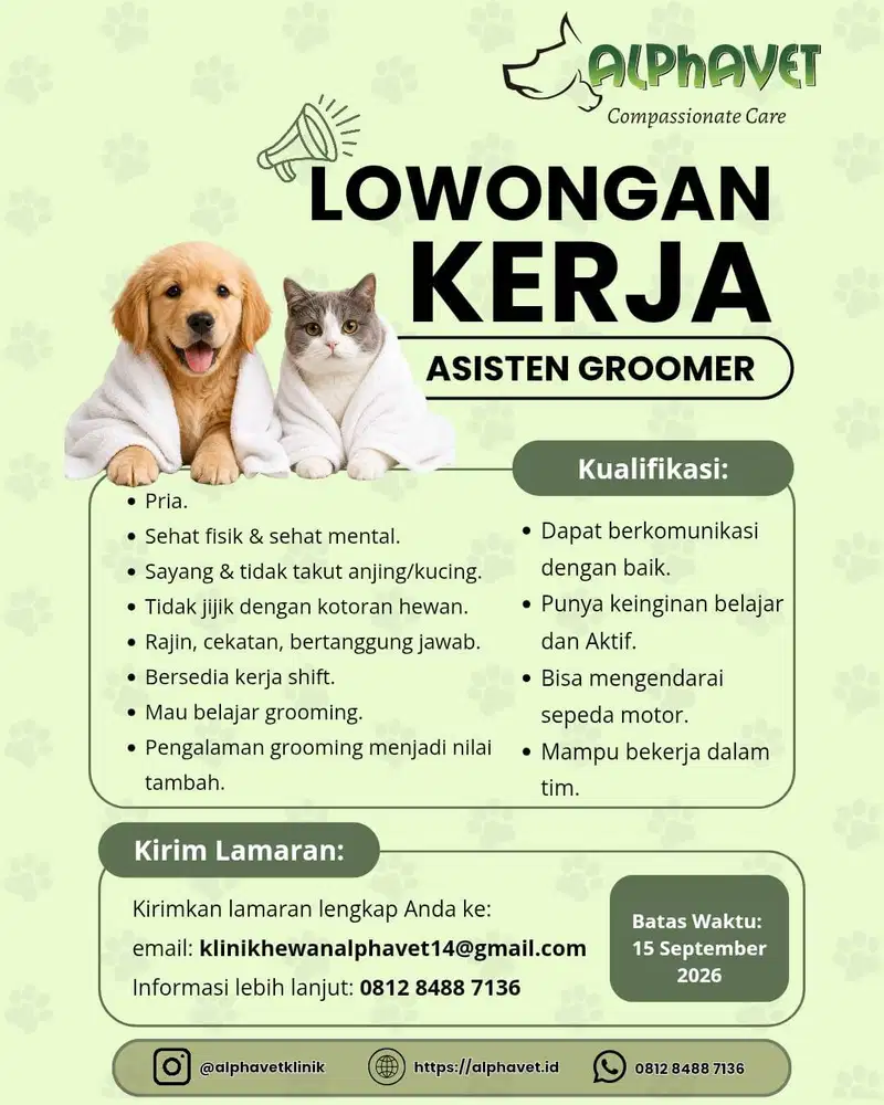 Lowongan pekerjaan asisten groomer