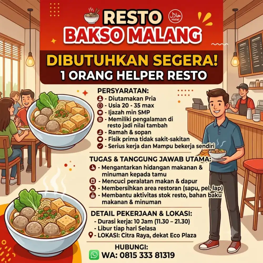 Loker Helper Resto Bakso Malang
