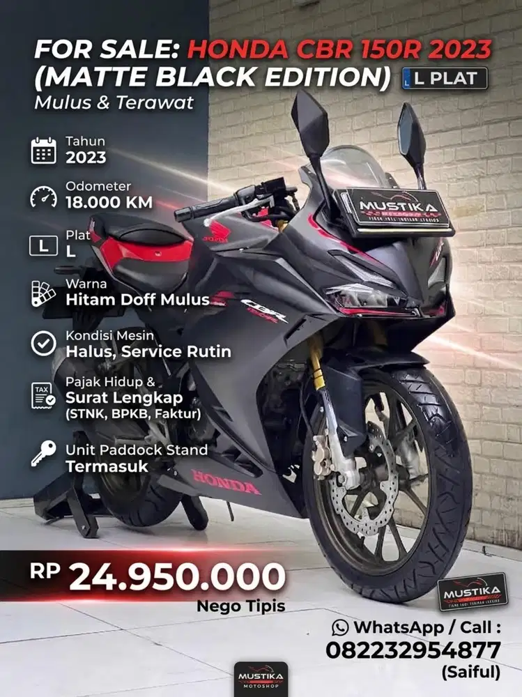 Perfect Condition!!Honda CBR 150R 2023 Black Plat L Mulus-Mustika