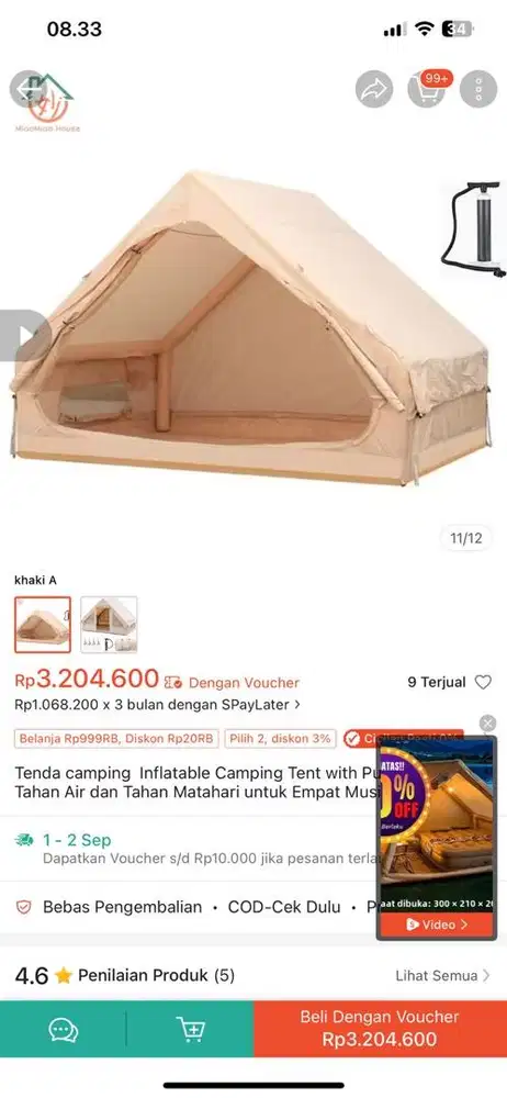 Air tent (tenda angin) 1 set lengkap dapet smua kursi dll