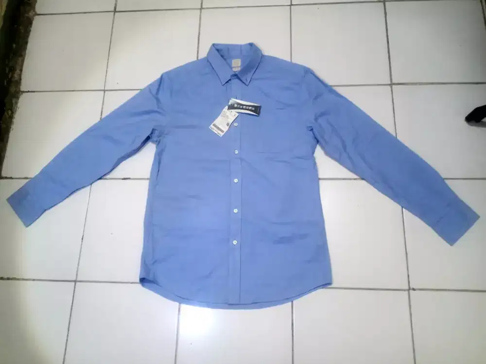 Kemeja Panjang Pria Denim Merk Giordano Stretch Oxford Shirts Size L