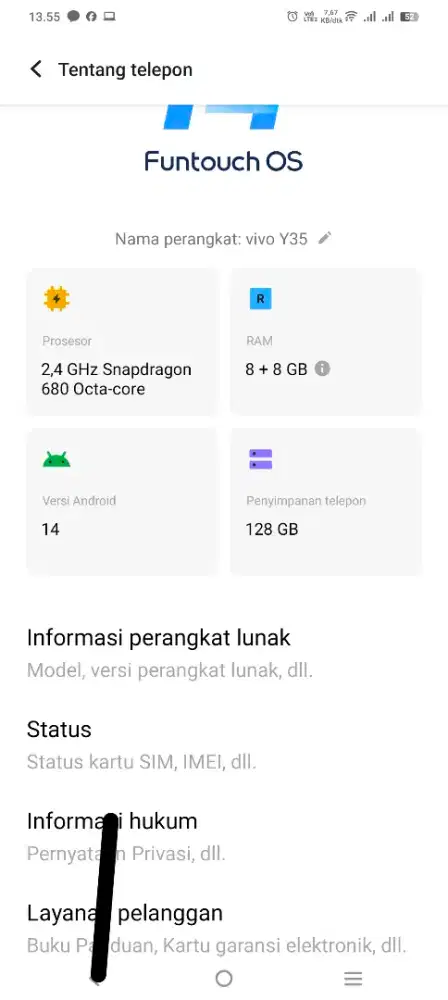 Vivo y35 ram 8+8 Rom 128 hp cas nego