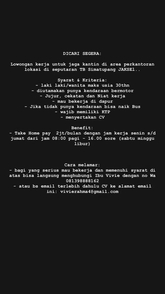 Dicari segera pegawai kantin di perkantoran simatupang
