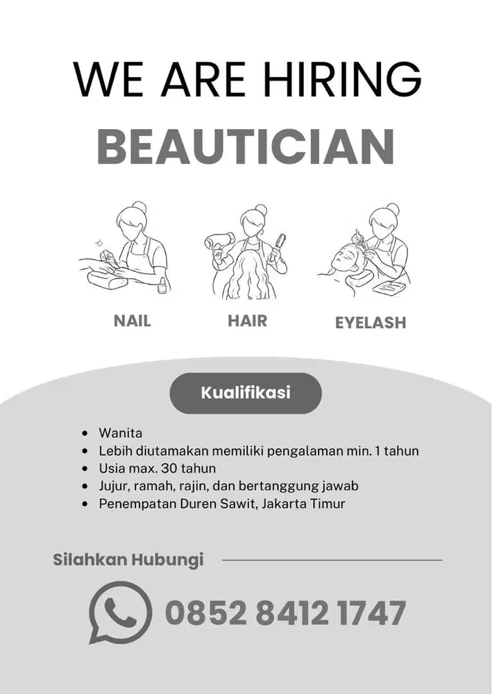 Dicari Beautician wanita