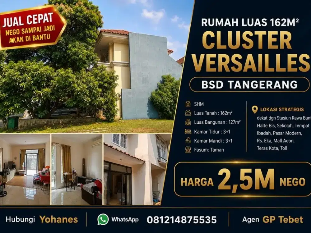 Jual Cepat Rumah Luas 162mtr Cluster Versailles BSD Tangerang