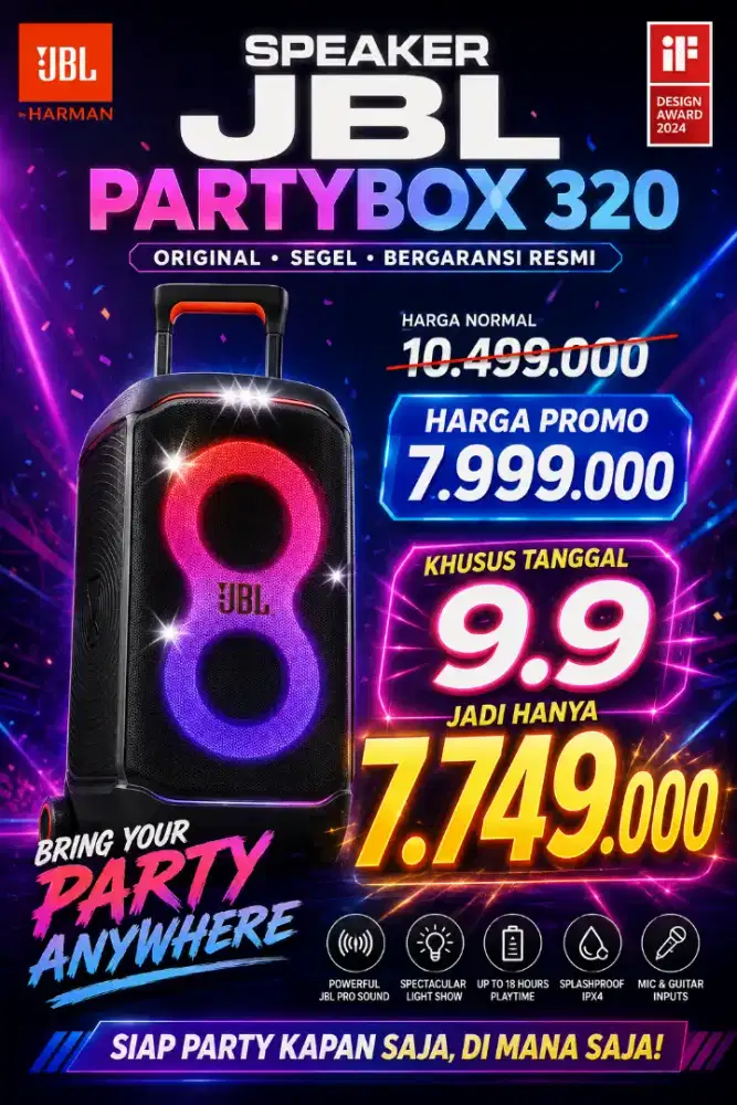PROMO‼️ 
JBL PARTYBOX 320 ORIGINAL, BARU, BERGARANSI
HARGA KHUSUS‼️