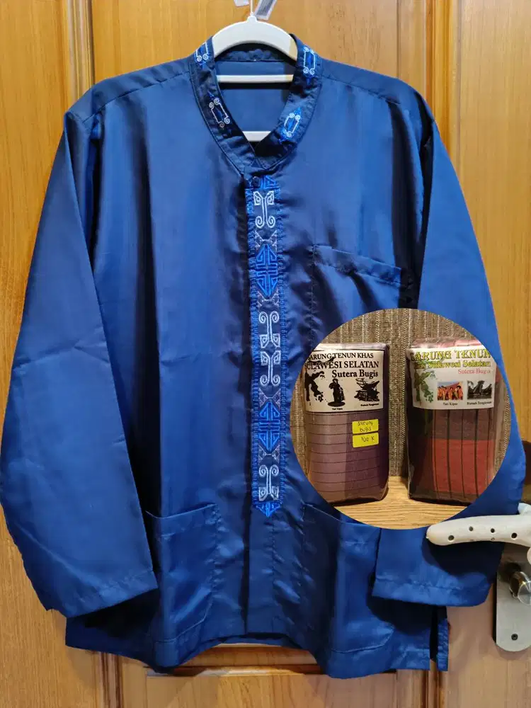 Baju Koko Bordir Muslim Kemeja Pria Lengan Panjang Navy Gratis Sarung
