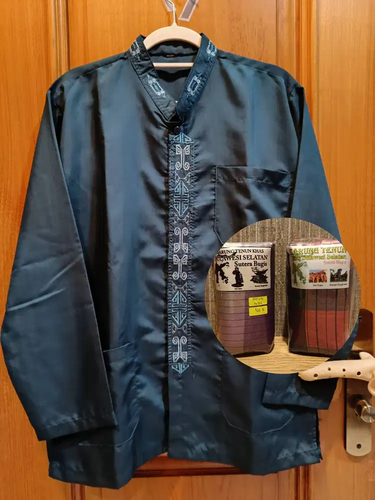 Baju Koko Bordir Muslim Kemeja Pria Lengan Panjang Hijau Gratis Sarung