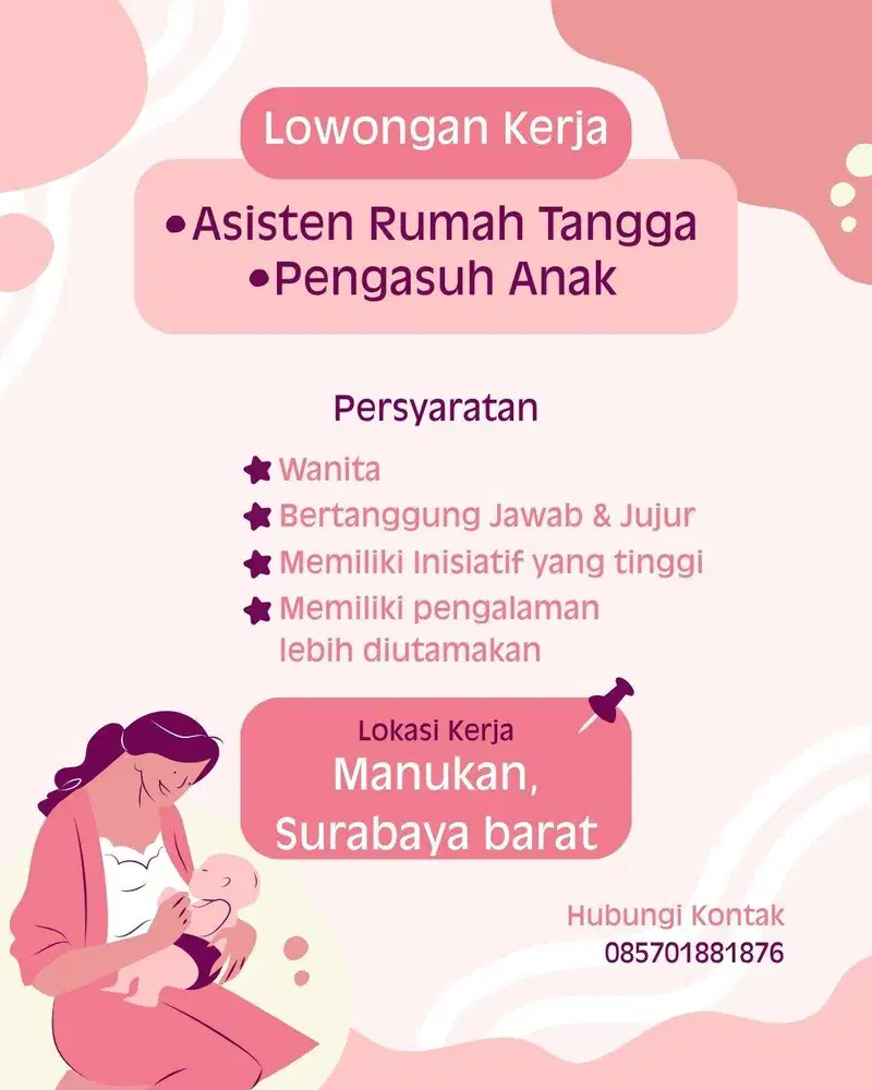 Dicari Asisten Rumah Tangga Area Surabaya Barat