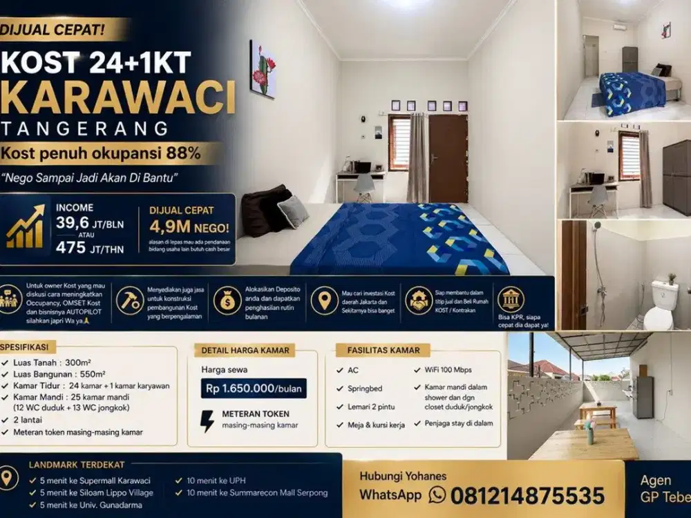 Kost 24+1KT Karawaci Tangerang Kost penuh okupansi 88%