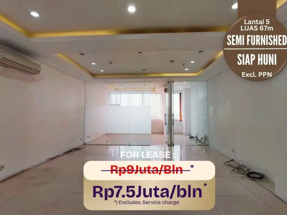 FREE AC. Disewakan Kantor SPAZIO semi furnish (67m) Office for rent Dukuh Pakis