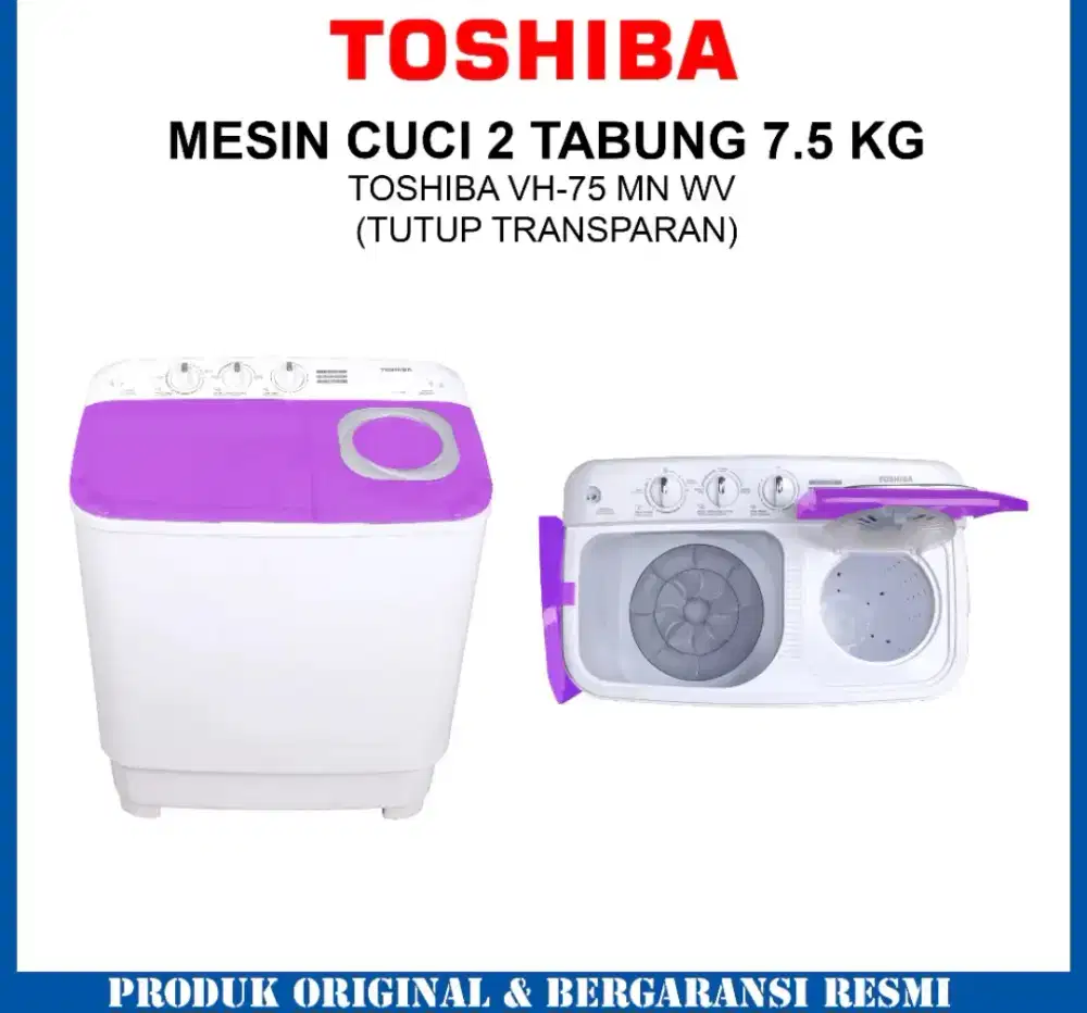 PROMO TERMURAH! MESIN CUCI 2TAB TOSHIBA VH 75MN WV  7,5KG LOW WATT