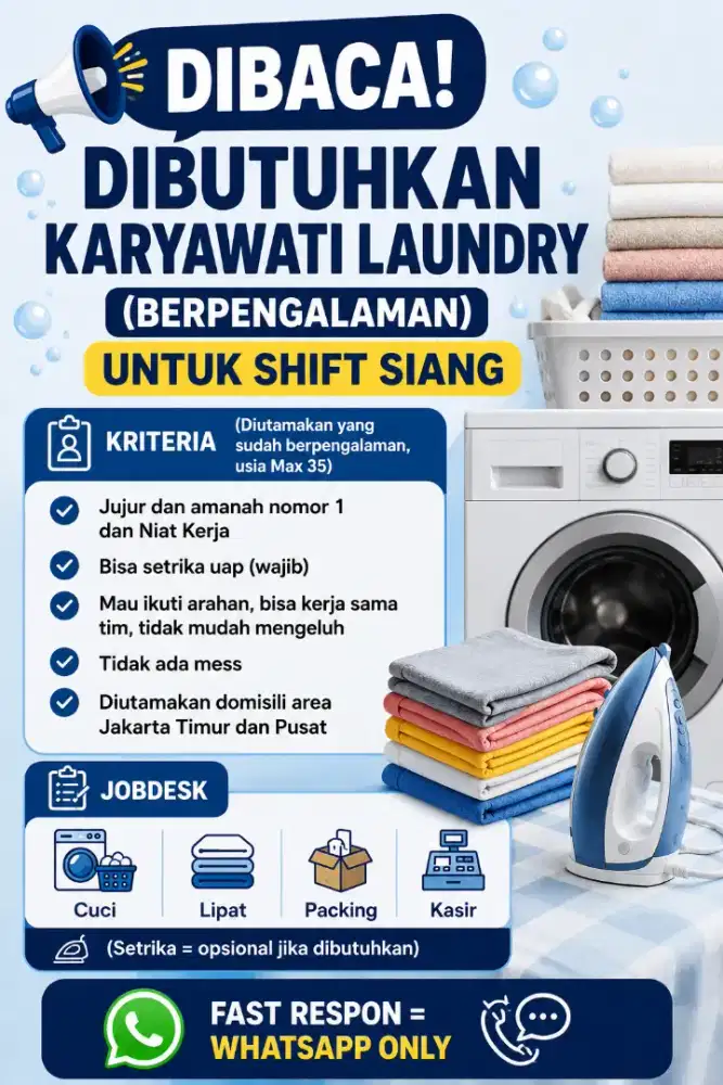 Dibutuhkan Karyawati Laundry