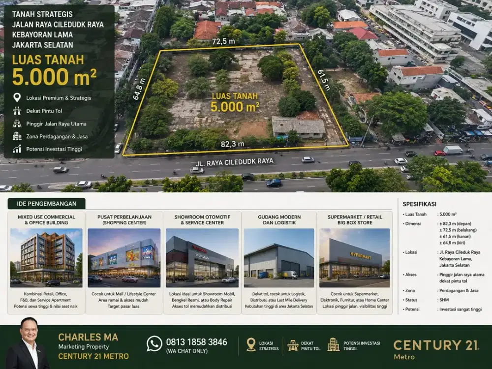 DIJUAL CEPAT Tanah Komersial yang Luas dan Sangat Cocok untuk Berbagai Bidang Usaha di Cileduk Raya, Kebayoran Lama, Jakarta Selatan