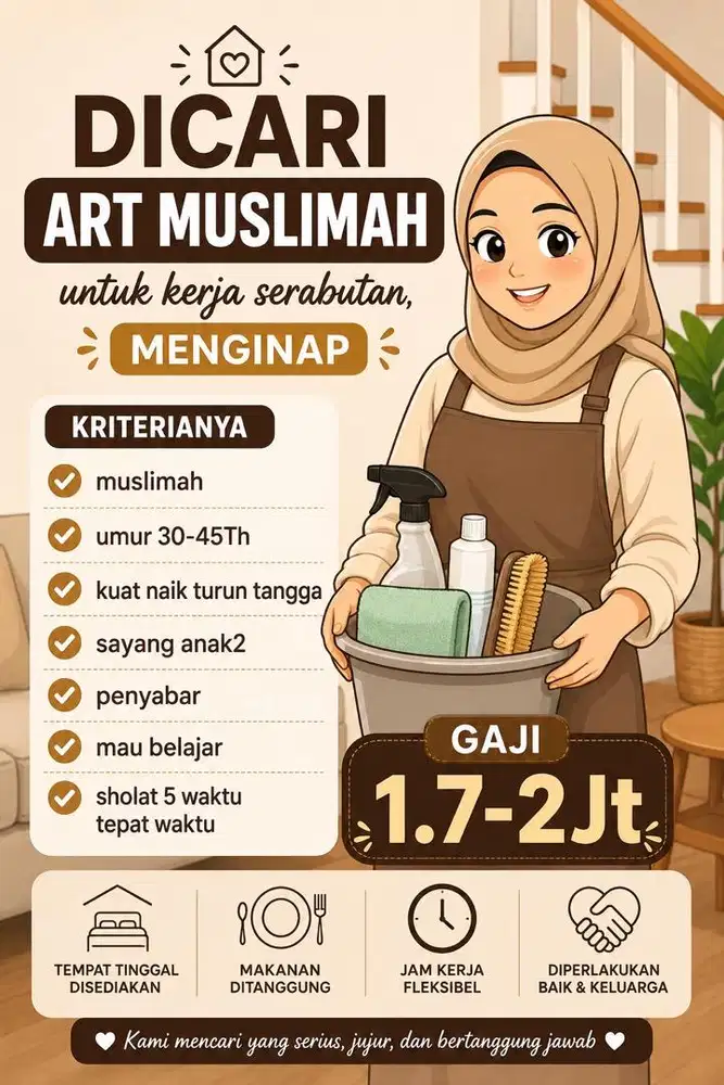 dicari art muslimah kerja serabutan + meninap