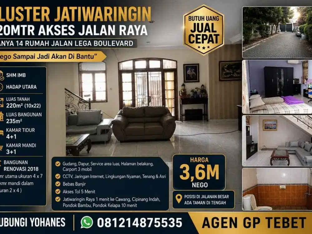 Cluster Jatiwaringin 220mtr akses Jalan Raya hanya 14 Rumah jalan lega