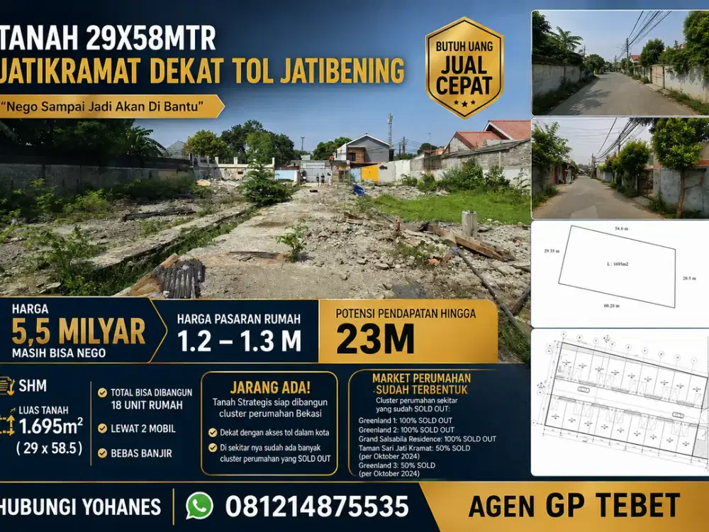 Tanah 29x58mtr Jatikramat dekat Tol Jatibening