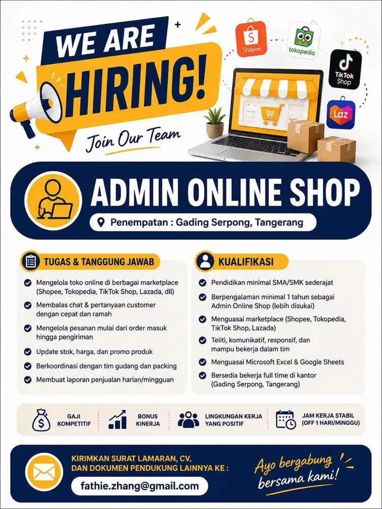 Dibutuhkan cepat karyawan sebagai Admin Online Shop