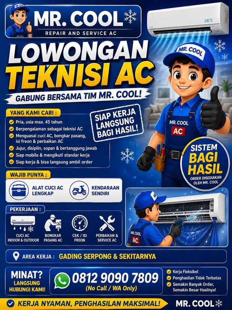 Dicari Teknisi AC Sistem Bagi Hasil Area Gading Serpong