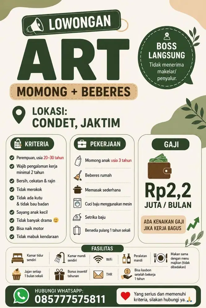 Lowongan ART Momong & Beberes