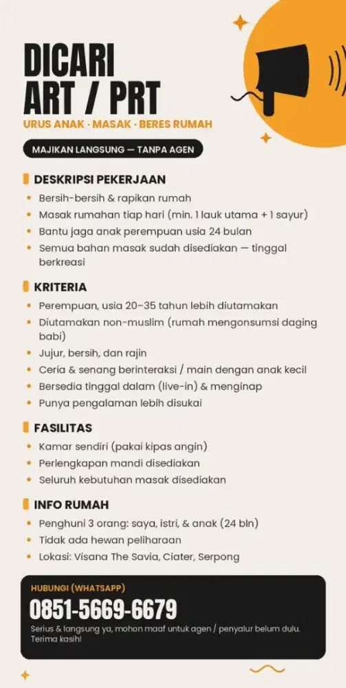 Dicari ART Menginap