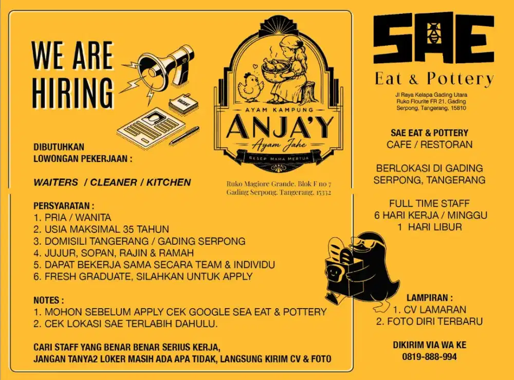Dicari Staff karyawan cafe dan resto di gading serpong