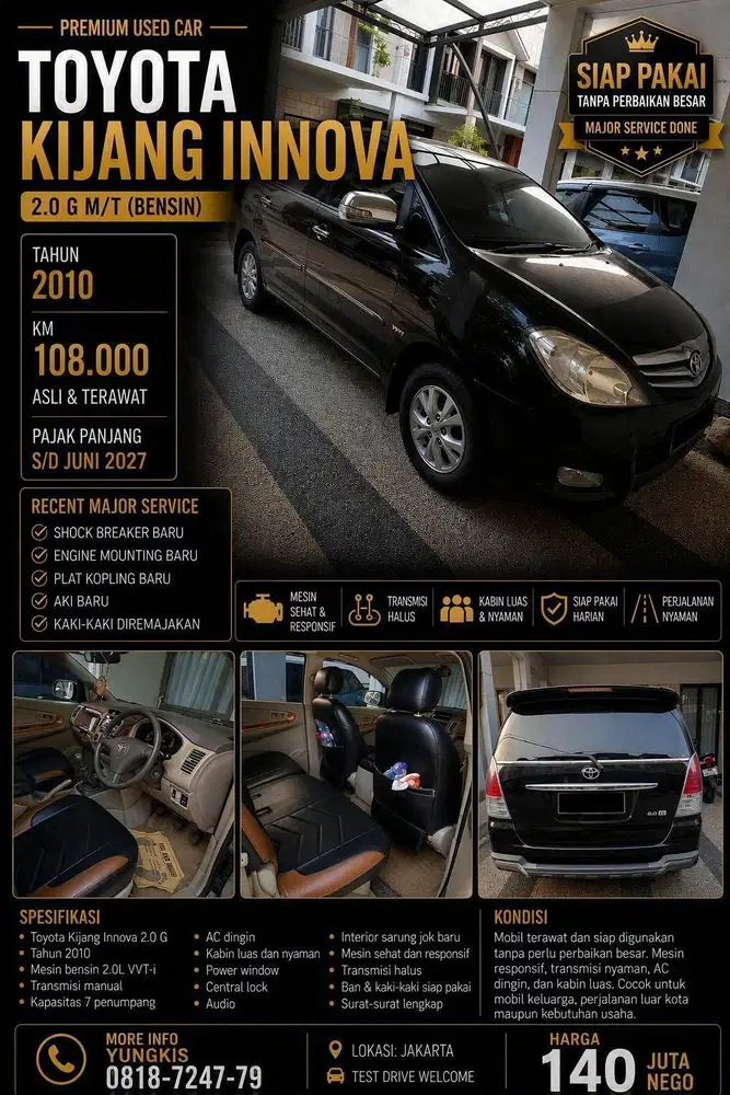 TOYOTA KIJANG INNOVA 2.0 G M/T BENSIN 2010, SIAP PAKAI